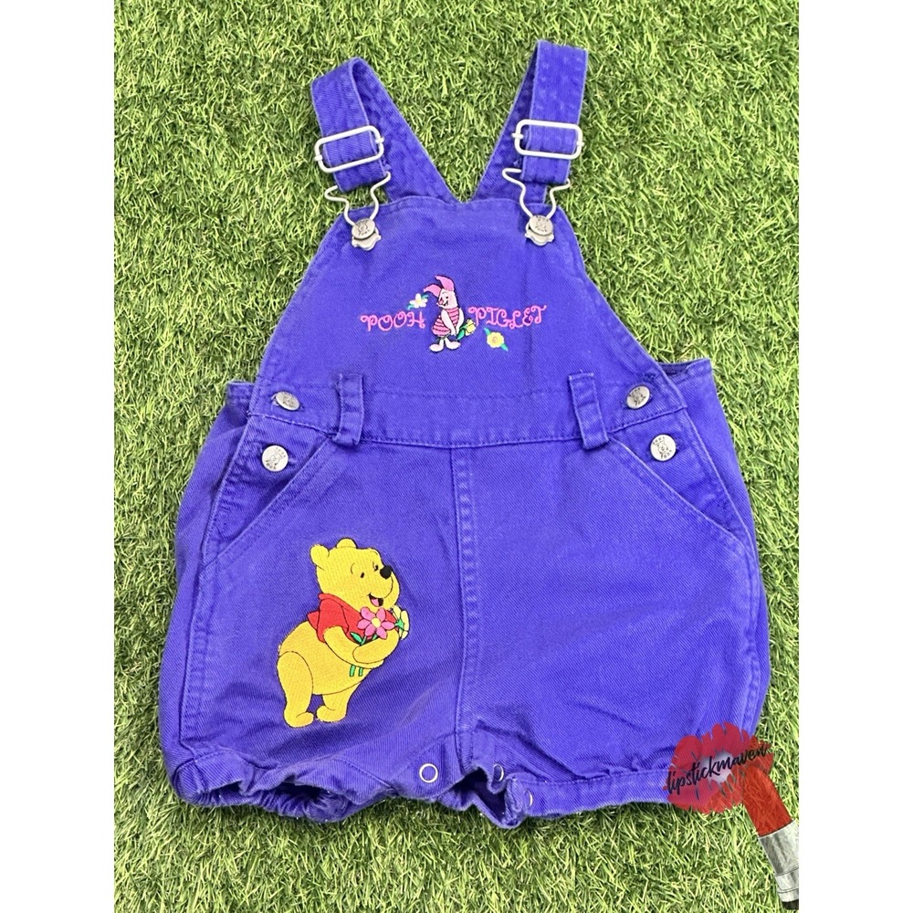 Vintage Winnie The Pooh Piglet Overalls Sz 18M Purple Denim Disney 90s Shortalls